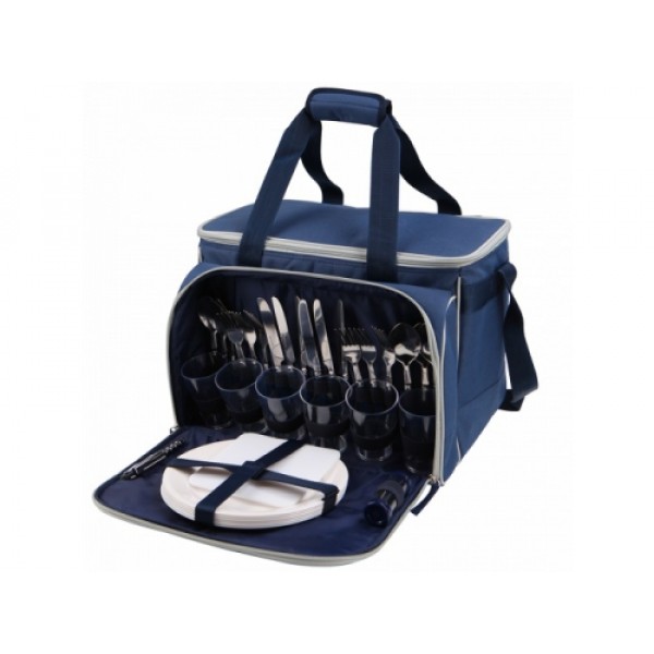 Сумка-холодильник АRСTIСA  с набором посуды на 6 персоны (40х28х31см)(столовые приборы-6комп., штопор-1шт., бокалы-6шт., тарелки-6шт, солонка, разд.доска-1шт)(синий)(рис)