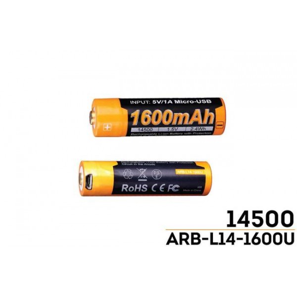 Аккумулятор (Li-ion) FENIX ARB-L14-1600U 14500 (1.5V)(1600mAh)(PCB)(зарядка от USB + зар.устройство)(альтернатива AA)