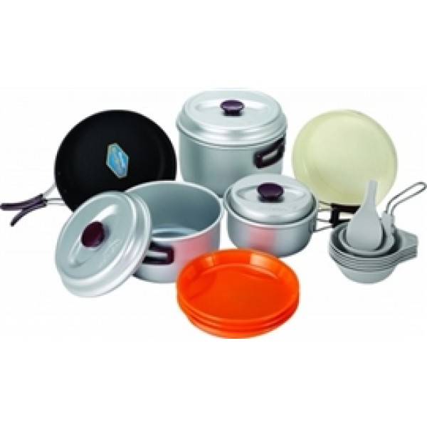 Набор посуды KOVEA (14 предметов) SILVER 56 (комплект: кастрюля 1,0л/1,8л/2,9л - 3шт, сковорода, дуршлаг, чашки-4шт, тарелки - 3шт, половник, лопатка)(вес-1,04кг)(5-6 персон)