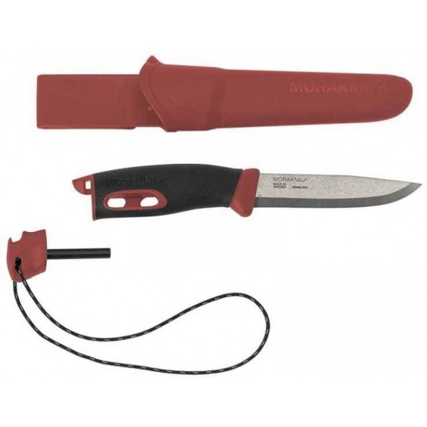 Нож MORAKNIV COMPANION SPARK RED (паракорд + огниво в компл.) - лезвие (12C27 stainless): 10,4см, толщина клинка: 0,25см, общая длина: 23,8см (чехол: полимер)