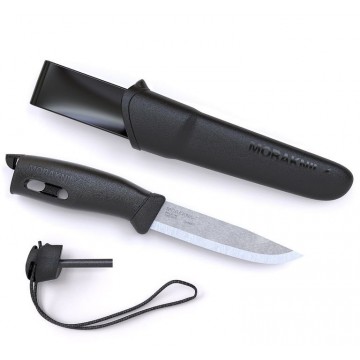 Нож MORAKNIV COMPANION SPARK BLACK (паракорд + огниво в компл.) - лезвие (12C27 stainless): 10,4см, толщина клинка: 0,25см, общая длина: 23,8см (чехол: полимер)