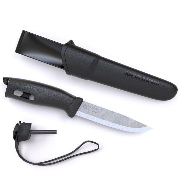 Нож MORAKNIV COMPANION SPARK BLACK (паракорд + огниво в компл.) - лезвие (12C27 stainless): 10,4см, толщина клинка: 0,25см, общая длина: 23,8см (чехол: полимер)