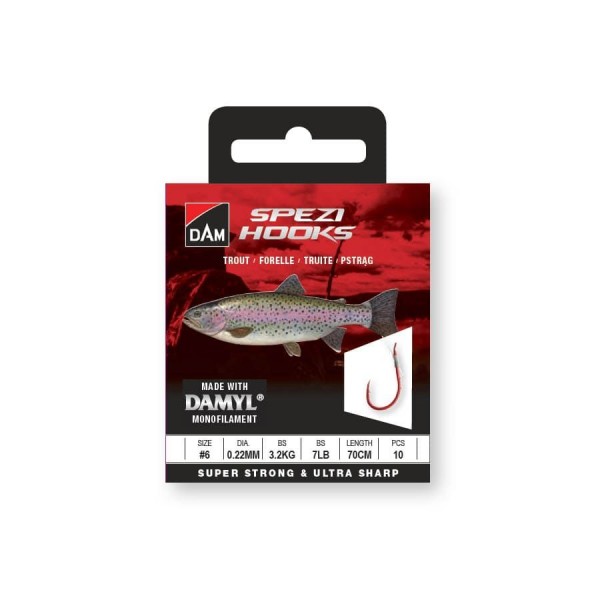 Крючки с поводками на форель DAM SPEZI TROUT RED №10 / 0.18MM / 2KG / 4.5LB / 70CM / 10 P