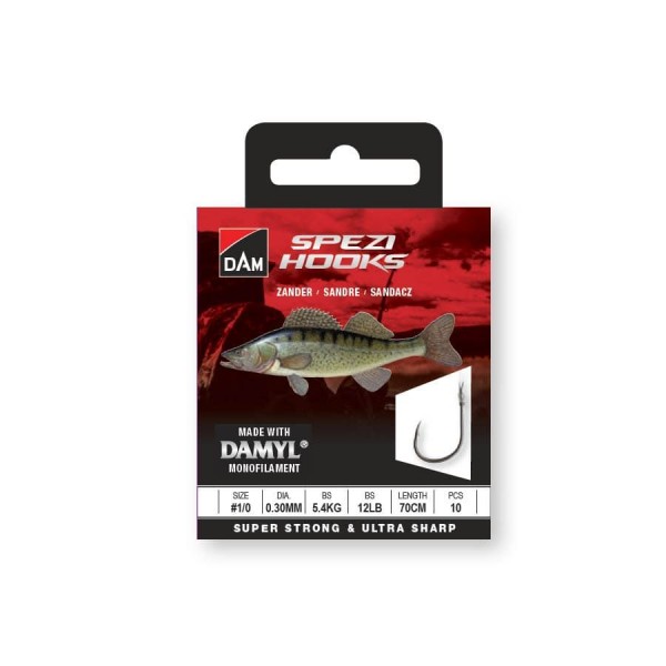 Крючки с поводками на судака DAM SPEZI ZANDER №1/0 / 0.30MM / 5.4KG / 12LB / 70CM / 10PCS