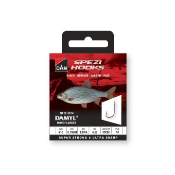 Крючки с поводками на плотву DAM SPEZI ROACH №18 / 0.10MM / 0.9KG / 2LB / 60CM / 10PCS