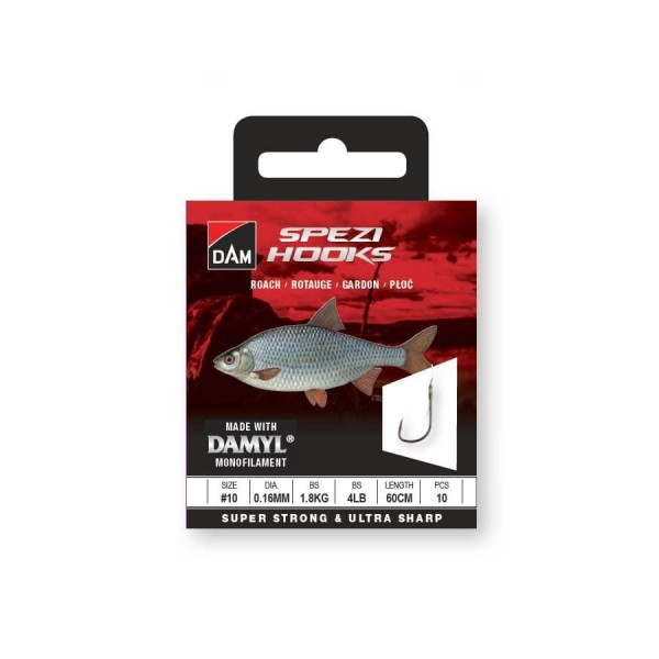 Крючки с поводками на плотву DAM SPEZI ROACH №18 / 0.10MM / 0.9KG / 2LB / 60CM / 10PCS
